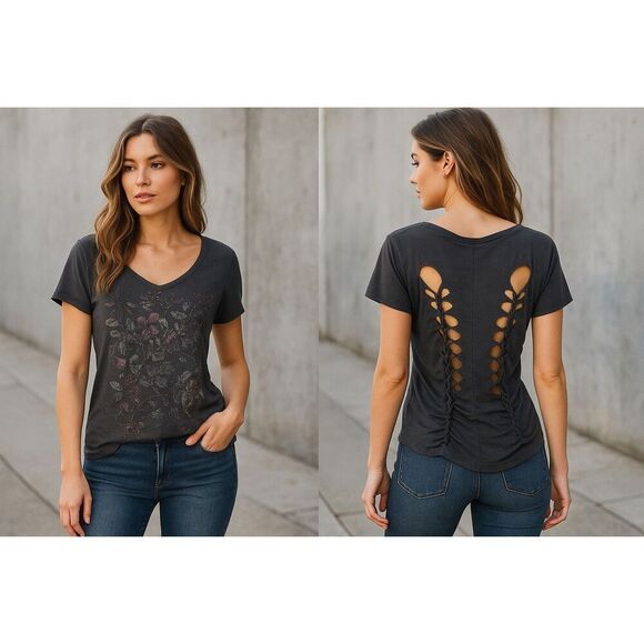 Forever 21 Gray Floral Beaded Cutout Back T-Shirt SZ M - Picture 2 of 5